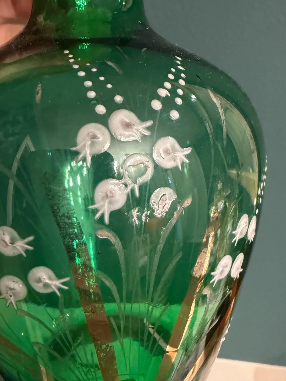 Vintage Bohemian Czech Emerald Green Glass Vase Hand Painted Enamel & Gold 7”